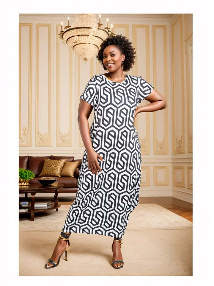 Geomatric Print Comfy Gorgeous Maxi Dress with Pockets, Black/White