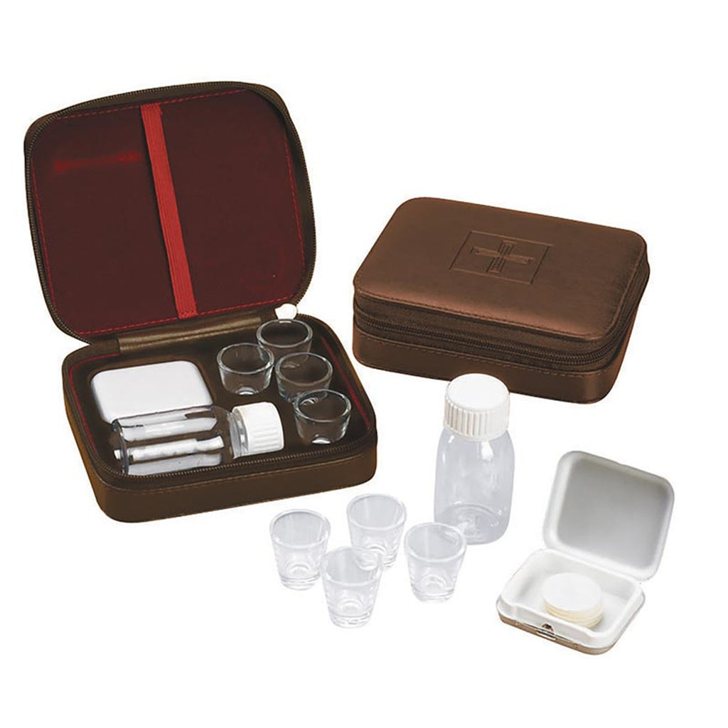 4-Cup Portable Communion Set, Brown Leather-Look Cover
