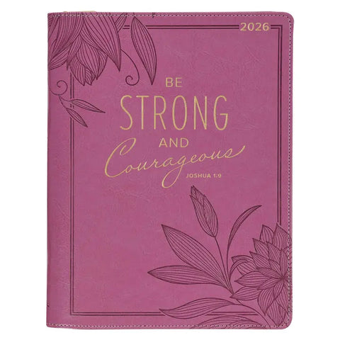 2026 Strong and Courageous Large Bright Pink Faux Leather Zippered 18-month Planner for Women - Joshua 1:9