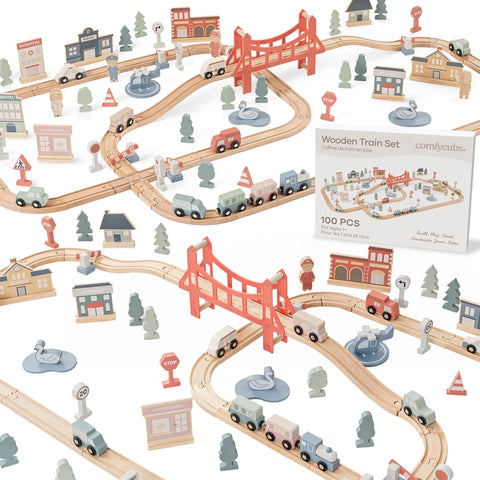 100 Piece Wooden Train Set for Toddlers Ages 1+