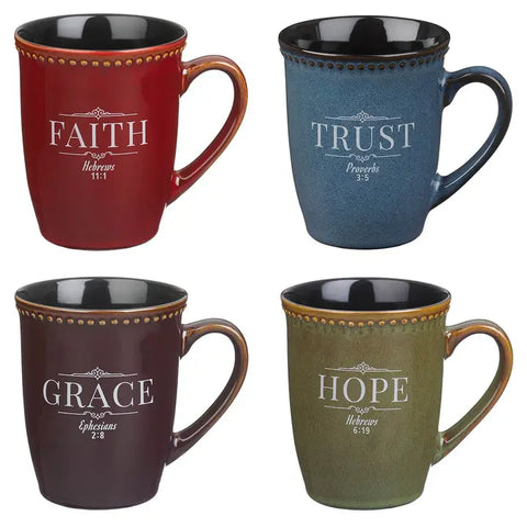 Mug Set 4 Pc Multi Color Faith, Hope, Grace, Trust