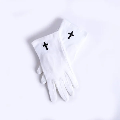 White Gloves with Small Embroidered Black Cross (Various Sizes)