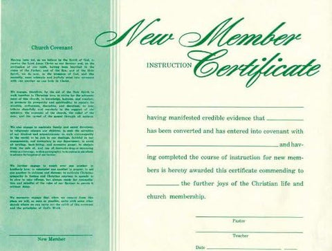 New Member Instruction Certificate - Flat Parchment (Pack of 6): Church Covenant