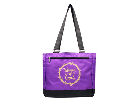 Woman of God with Gold Embroidered Purple Canvas Tote