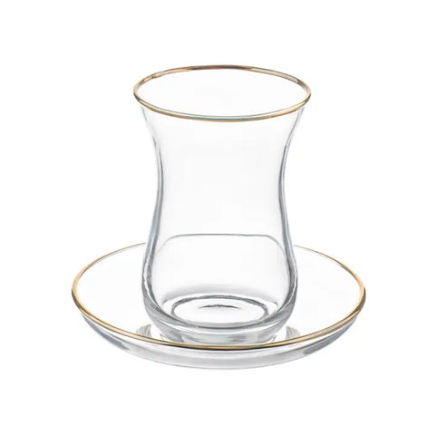 Glass Teacup and Saucer with Gold Rim, 6-Pack