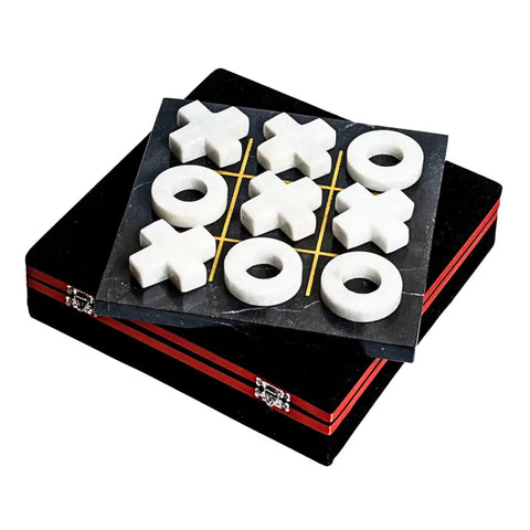 Natural Black Marble Tic Tac Toe Game with Luxury Velvet Storage Set