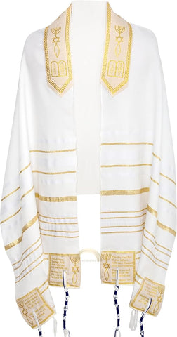 The Blessing Tallit, Messianic Prayer Shawl Christian Gold/White with Matching Bag and Zipper