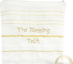 The Blessing Tallit, Messianic Prayer Shawl Christian Gold/White with Matching Bag and Zipper