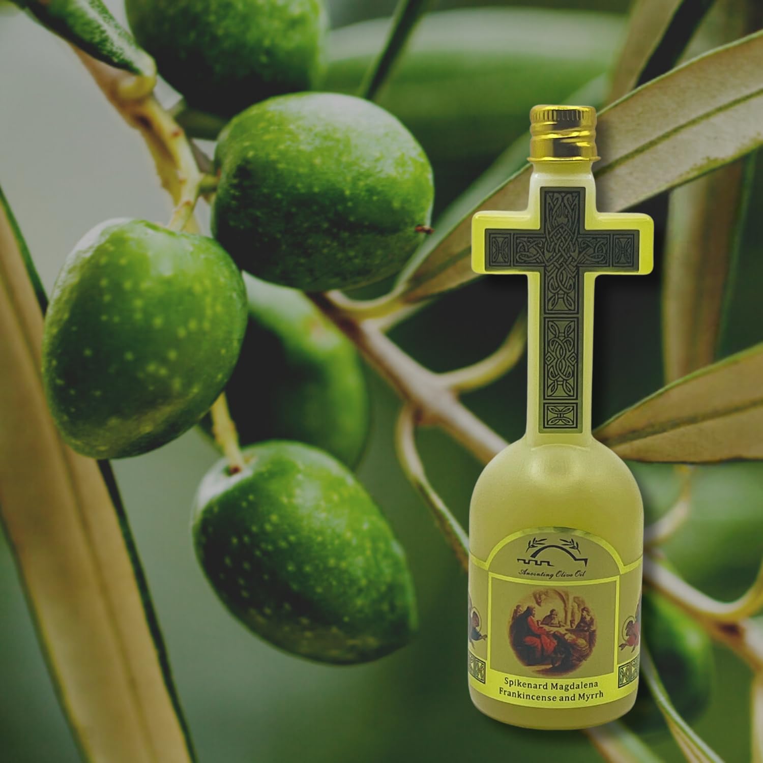 Blessed Anointing Oil Scented With Frankincense And Myrrh, Spikenard Magdalena Blend-120 ml Extra Virgin Olive Oil Blend - Cross-Shaped Bottle