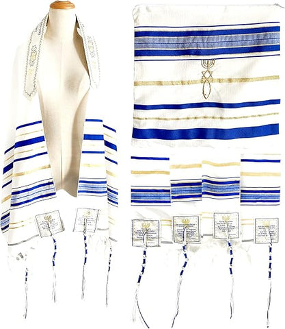 Chal de oración cristiana azul real/dorado Tallit mesiánico y bolsa a juego con cremallera