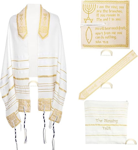 The Blessing Tallit, Messianic Prayer Shawl Christian Gold/White with Matching Bag