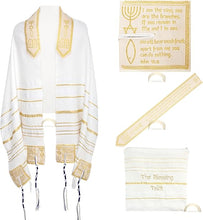 The Blessing Tallit, Messianic Prayer Shawl Christian Gold/White with Matching Bag and Zipper