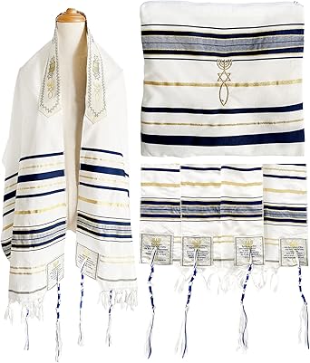 Prayer Shawl Tallit Navy Blue/Gold & Matching Bag With Zipper