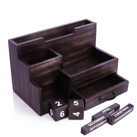 Mango Wood Perpetual Calendar Desk Organizer