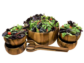 7 Pc - Large Acacia Wood Salad Bowl W Servers & 4 Ind Bowls Set