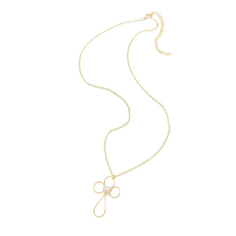 Gold Swirl Cross Necklace with Pearl