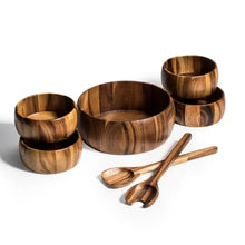 7 Pc - Large Acacia Wood Salad Bowl W Servers & 4 Ind Bowls Set