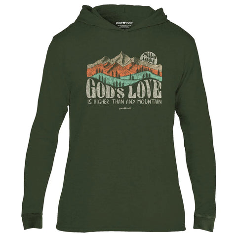 Womens Hooded God’s Love Is Higher Than Any Mountain T-Shirt