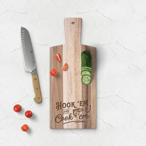 Hook ‘Em and Cook “Em Acacia Cutting Board