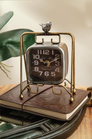 His Eye Is On The Sparrow Square Table Clock Gray Brown