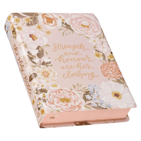 Peach Floral Faux Leather King James Version Note-taking Bible - Proverbs 31:25