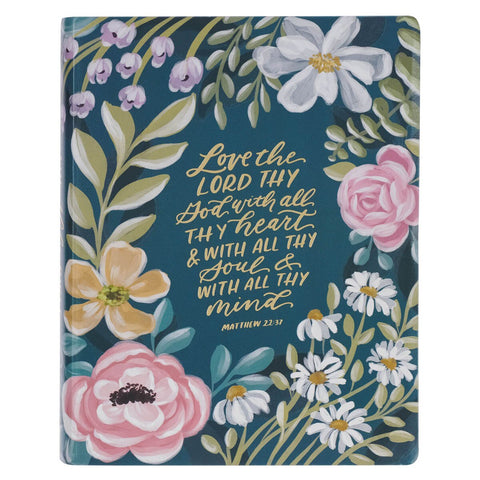 Teal Floral Large Print Faux Leather King James Version Note-taking Bible - Matthew 22:37