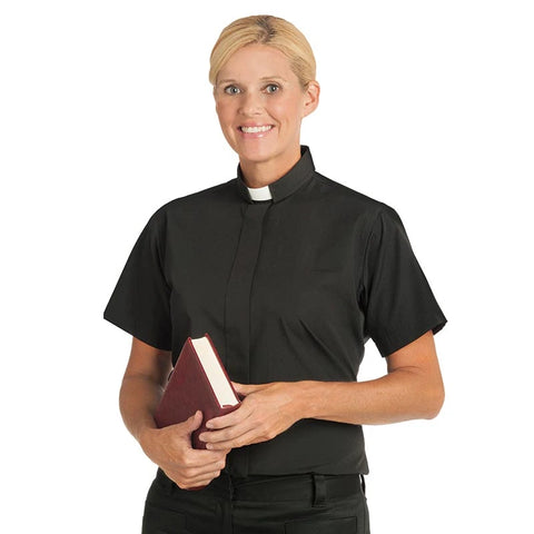 Women Short Sleeve Tab Collar Clergy Shirt - Black