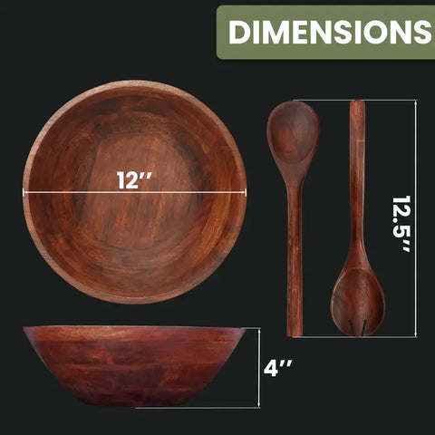 Large Wooden Salad Bowl Set w/ Spoon & Fork ( can be used for Nuts, Fruits and More)