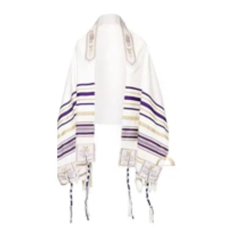 Chal de oración Tallit, morado/dorado en inglés/hebreo con bolsa y cremallera a juego